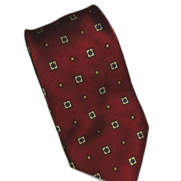 Land's End Burgundy Gold Tie Squares Silk Necktie 3.75 Inch X 58 Inch - Picture 1 of 2